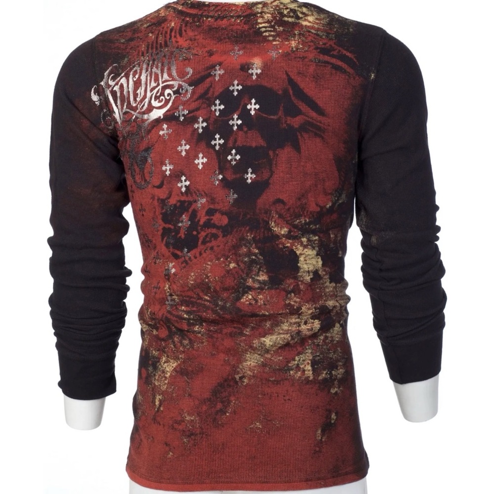 Archaic by Affliction Men's Thermal Shirt BRASS Skull Biker Black - Picture 8 of 9